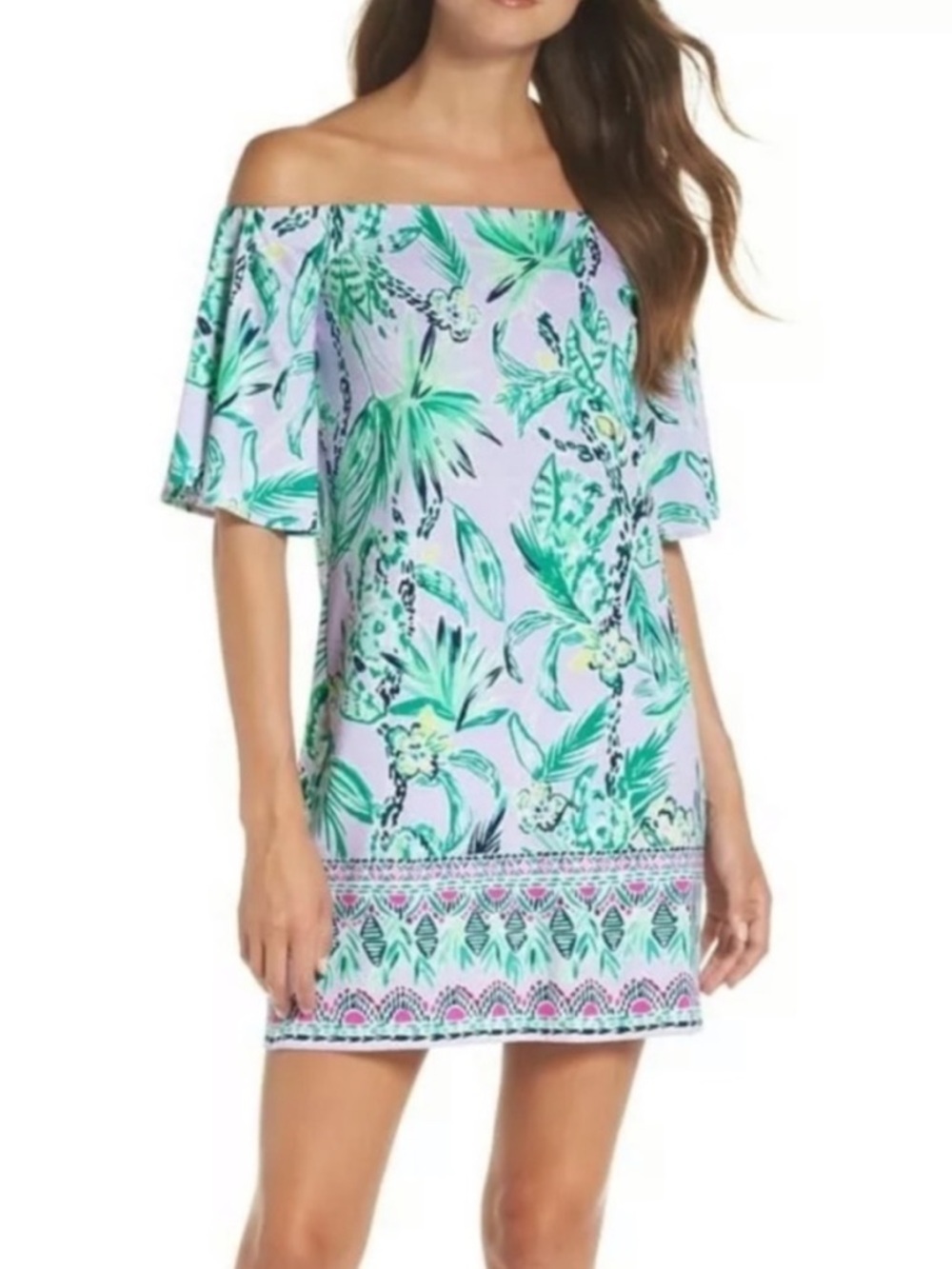 Lilly Pulitzer Fawcett Off The Shoulder Dress Light Lilac Verbena Impawsible XL